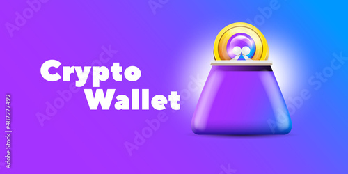 Cryptocurrency wallet concept illustration with wallet and crypto coins isolated on violet background. Crypto wallet landing page and poster design template. Crypto wallet for bitcon, solana, ethereum