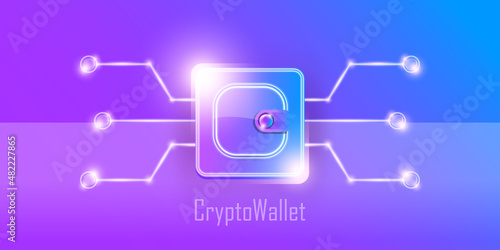 Cryptocurrency wallet concept illustration with wallet and crypto coins isolated on violet background. Crypto wallet landing page and poster design template. Crypto wallet for bitcon, solana, ethereum