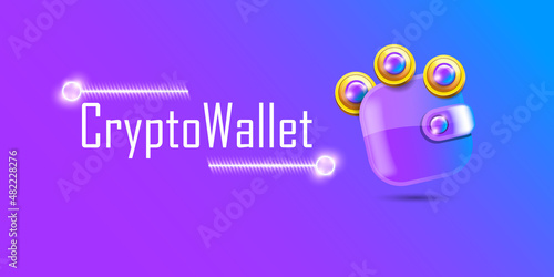 Cryptocurrency wallet concept illustration with wallet and crypto coins isolated on violet background. Crypto wallet landing page and poster design template. Crypto wallet for bitcon, solana, ethereum