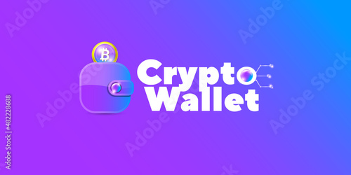 Cryptocurrency wallet concept illustration with wallet and crypto coins isolated on violet background. Crypto wallet landing page and poster design template. Crypto wallet for bitcon, solana, ethereum