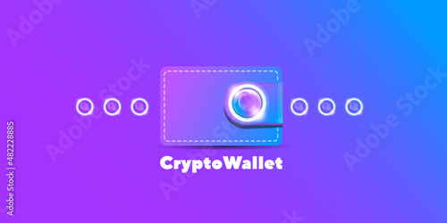 Cryptocurrency wallet concept illustration with wallet and crypto coins isolated on violet background. Crypto wallet landing page and poster design template. Crypto wallet for bitcon, solana, ethereum