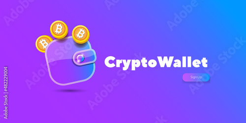 Cryptocurrency wallet concept illustration with wallet and crypto coins isolated on violet background. Crypto wallet landing page and poster design template. Crypto wallet for bitcon, solana, ethereum