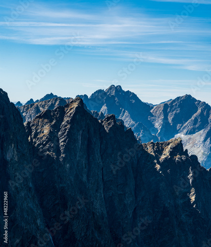 Vysoka  Rysy  Maly Javorovy stit and few other peaks from Sedielko mountain pass in Vysoke Tatry mountains in Slovakia