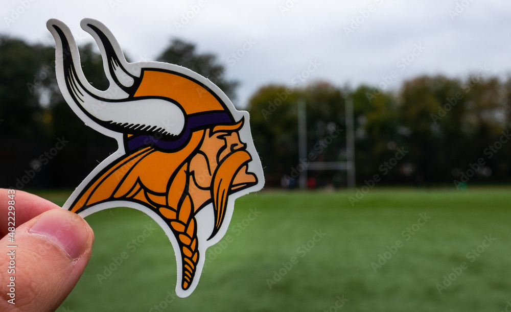 September 16, 2021, Minneapolis, Minnesota, USA. Emblem of a professional  American football team Minnesota Vikings based in Minneapolis at the sports  stadium. Stock Photo