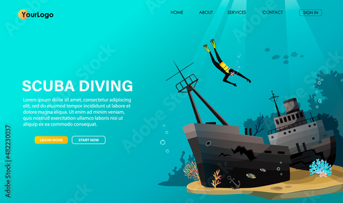 Diver with aqualung in special underwater equipment dive under blue water to explore sunken, wreck ship on coral reef bottom, seabed. Scuba diving club banner, poster, billboard. Vector illustration