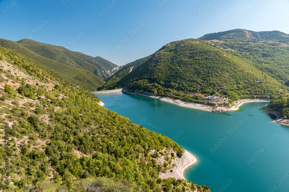 Aerial view of lake Fiastra in Sibillini mountains (Marche, Italy)