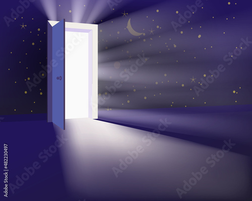 New opportunities, Open Door in universe, abstract mystical light, galaxy stars. Imagination insparation, outer space opening a door to the unknown future. Vector illustration