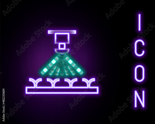 Glowing neon line Automatic irrigation sprinklers icon isolated on black background. Watering equipment. Garden element. Spray gun icon. Colorful outline concept. Vector