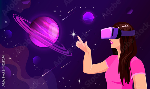 Woman in digital, virtual reality glasses touch star researching space, cosmos, world simulation. Education, gaming in vr, ar concept. Metaverse. Innovative technology background. Vector illustration