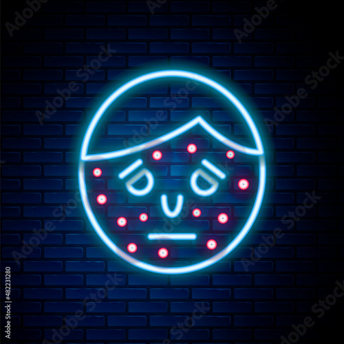 Glowing neon line Face with psoriasis or eczema icon isolated on brick wall background. Concept of human skin response to allergen or chronic body problem. Colorful outline concept. Vector