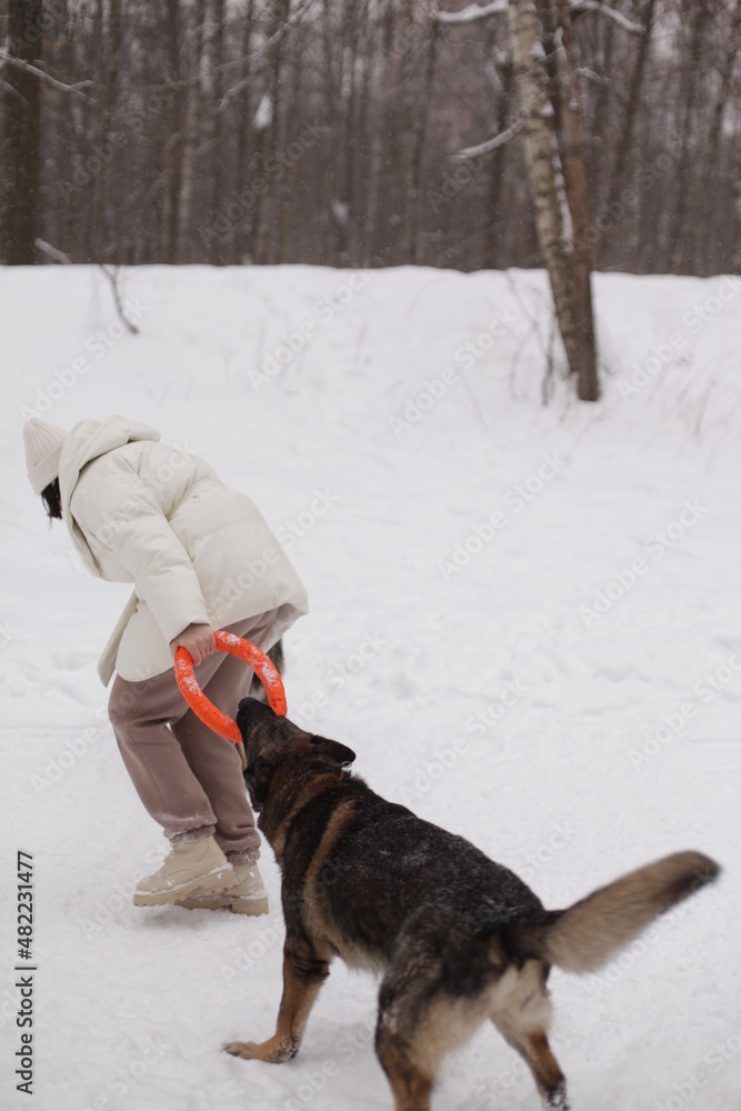 a girl in white hugs a dog against the background of snow and forest