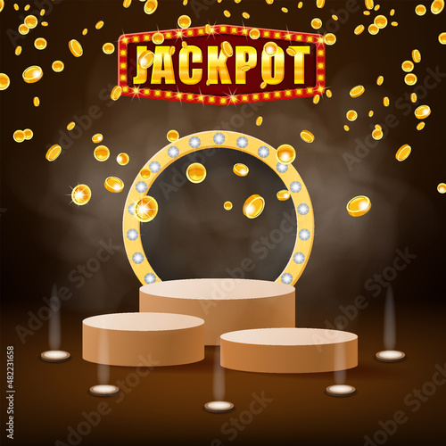 Jackpot shining banner podium winner falling gold coins. Round stage pedestal fo award ceremony. Vector illustration