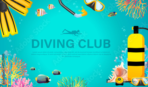 Yellow flippers, fins, oxygen tank, underwater mask, snorkel, coral, fish, seashell, blue background. Swimming diver shadow above logo. Scuba diving club banner, poster, billboard. Vector illustration