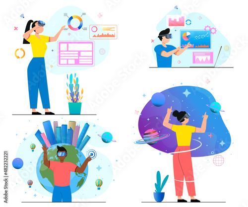 People in virtual reality. Education, gaming in augmented in vr, digital 3d glasses. Metaverse, virtual world concept. Simulation of space, planet, diagrams. Cartoon style. Vector illustration