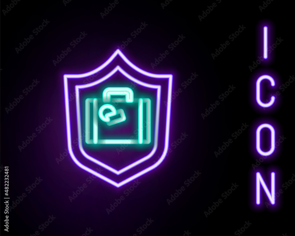 Glowing neon line Travel suitcase with shield icon isolated on black background. Traveling baggage insurance. Security, safety, protection, protect concept. Colorful outline concept. Vector Glowing neon line Travel suitcase with shield icon isolated on black background. Traveling baggage insurance. Security, safety, protection, protect concept. Colorful outline concept. Vector