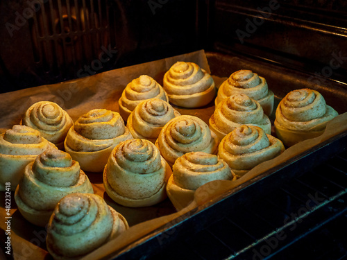Wallpaper Mural Buns on a baking tray are baked in the oven. The concept of cooking at home, delicious baked goods. Torontodigital.ca