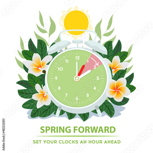 Daylight saving time begins. Spring forward. Alarm clock with forward moving hand