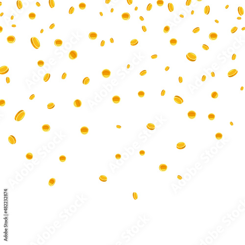 Falling gold coins, money rain. Flying money earnings luck, fortune in lottery. Vector white background