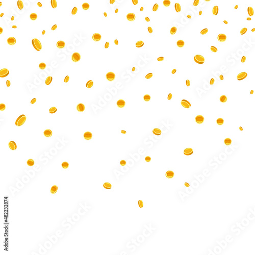 Falling gold coins  money rain. Flying money earnings luck  fortune in lottery. Vector white background