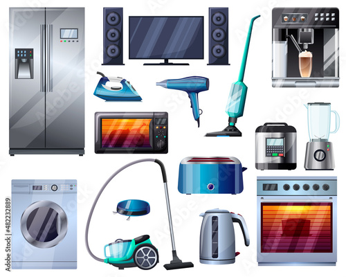 Home electrical appliances set. Refrigerator, TV, iron, microwave, hairdryer, vacuum cleaner, coffee machine, multi cooker, blender, toaster, washer, kettle, stove. Vector illustration