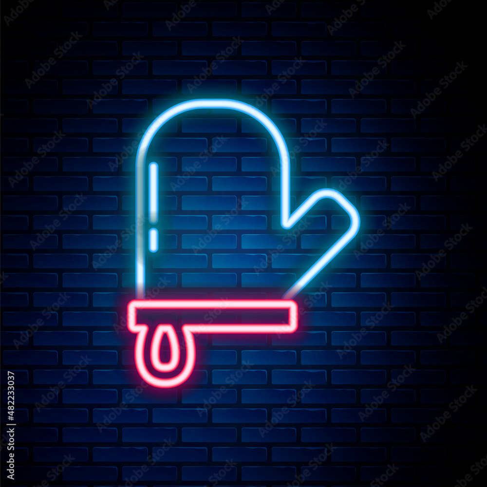 Glowing neon line Oven glove icon isolated on brick wall background. Kitchen potholder sign. Cooking glove. Colorful outline concept. Vector Glowing neon line Oven glove icon isolated on brick wall background. Kitchen potholder sign. Cooking glove. Colorful outline concept. Vector