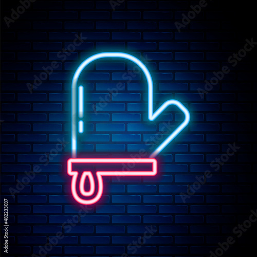 Glowing neon line Oven glove icon isolated on brick wall background. Kitchen potholder sign. Cooking glove. Colorful outline concept. Vector