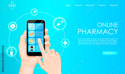 Online pharmacy, digital drugstore, medical, medicine mobile application concept. Hands buy medication, drops, patches, mask in app on smartphone screen, blue background. Vector illustration