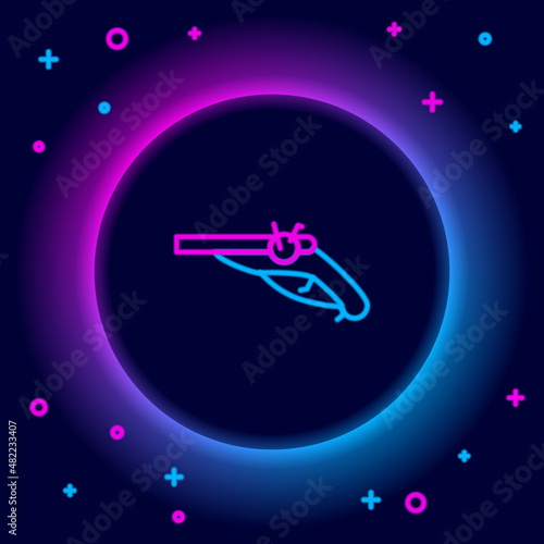 Glowing neon line Vintage pistols icon isolated on black background. Ancient weapon. Colorful outline concept. Vector