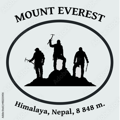 three black climbers with ice axe in hand ont top of Mount Everest on white background, Mountain climbing, vector illustration logo