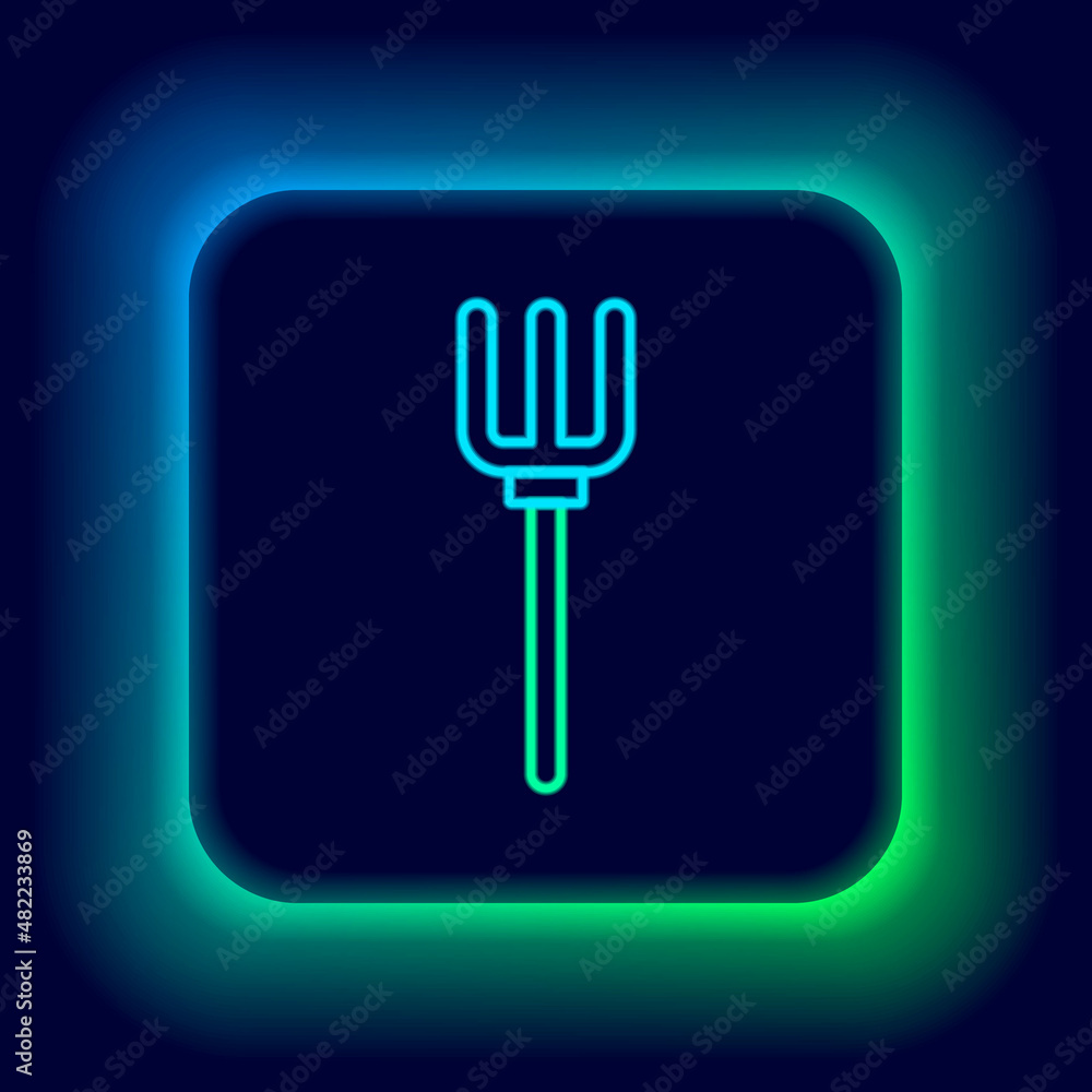 Glowing neon line Garden pitchfork icon isolated on black background. Garden fork sign. Tool for horticulture, agriculture, farming. Colorful outline concept. Vector Glowing neon line Garden pitchfork icon isolated on black background. Garden fork sign. Tool for horticulture, agriculture, farming. Colorful outline concept. Vector