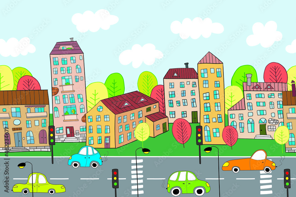 Cute cartoon colorful houses, cars and trees seamless border. Cityscape doodle vector illustration for children.