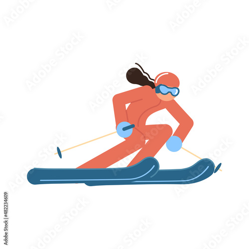 Cartoon skier in motion isolated on white background