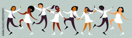 Vector graphics - A large group of young people in white casual clothes cheerfully dancing isolated. Concept - the success of teamwork