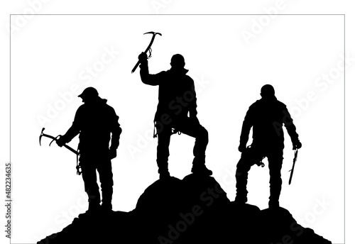 three black climbers with ice axe in hand ont top of Mount on white background, Mountain climbing, vector illustration logo