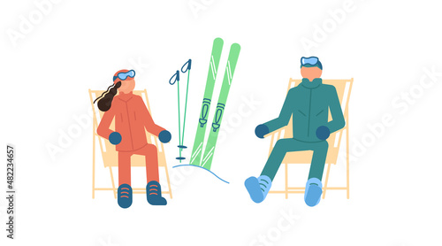Cartoon skiers sit on a loungers and relax on a ski resort