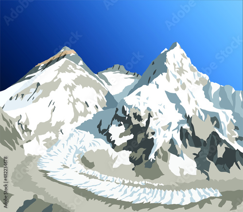 mount Everest, Lhotse and Nuptse from Nepal side as seen from Pumori base camp, vector illustration, Mt Everest 8,848 m, Khumbu valley, Sagarmatha national park, Nepal Himalayas mountains