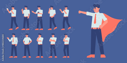 Office man employee various posing action flat vector illustration