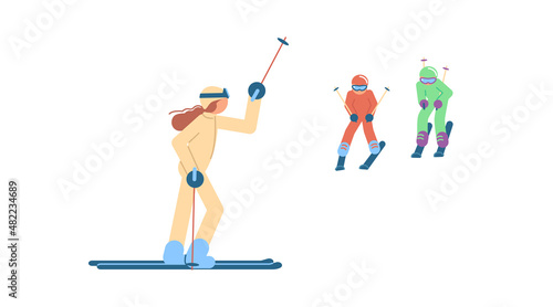Mountain Ski Resort concept. School Skiers on winter Mountain Landscape background. Vector illustration eps 10