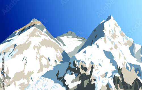 mount Everest, Lhotse and Nuptse from Nepal side as seen from Pumori base camp, vector illustration, Mt Everest 8,848 m, Khumbu valley, Sagarmatha national park, Nepal Himalayas mountains