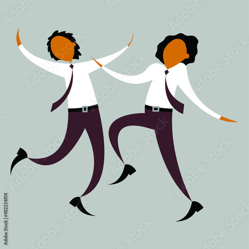 Vector graphics - Two young homosexuals in white shirts and ties happily dance and jump at their wedding isolated