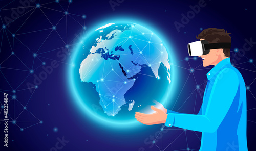 Man in virtual reality in 3d glasses hold simulated Earth in hands. Vr headset gaming concept. Digital simulation of world, space. Metaverse, innovative technology background. Vector illustration