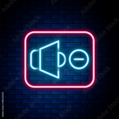 Glowing neon line Speaker mute icon isolated on brick wall background. No sound icon. Volume Off symbol. Colorful outline concept. Vector