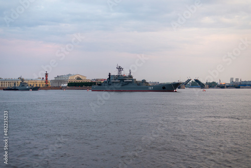 St. Petersburg, Russia - July 19, 2018: Russian Navy Ropucha-class landing ship 127 the "Minsk".