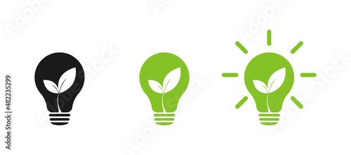 Green leaf of nature energy lamp light. Set of icons. Illustration