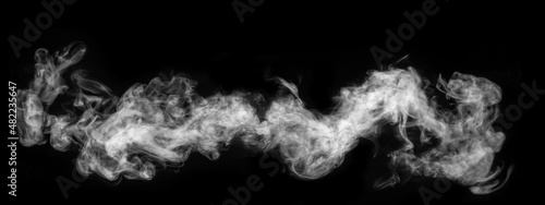 White horizontal steam, smoke isolated on black background. A piece of curly curving smoke to overlay