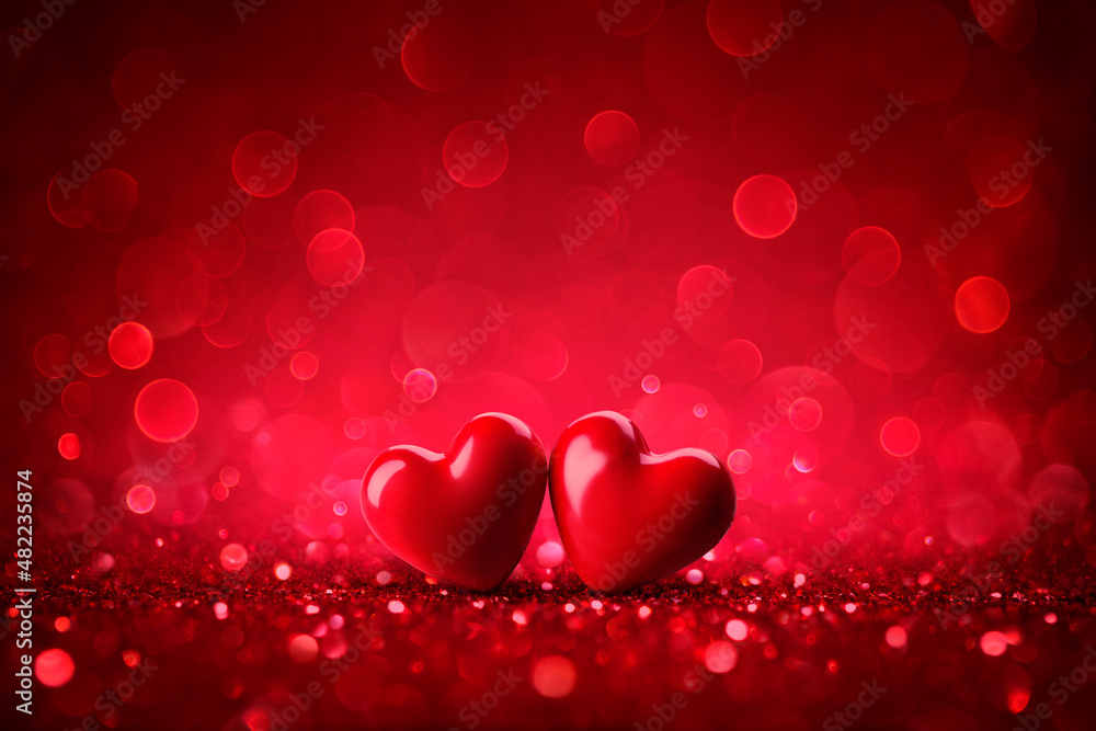 Valentines Red Hearts On Shiny Glitter Background With Defocused Abstract Lights