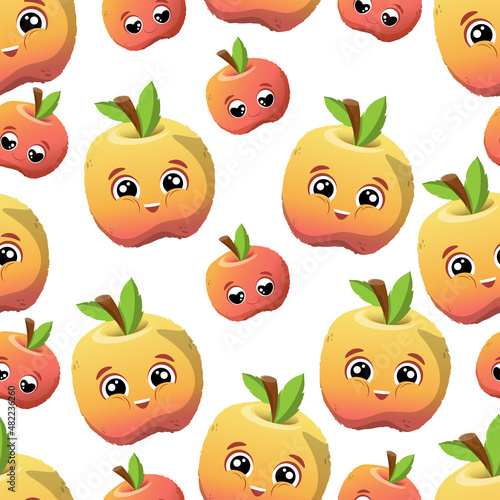 Fototapeta Naklejka Na Ścianę i Meble -  pattern red and yellow apples. Funny cartoon style characters, smile and shy face, apple party