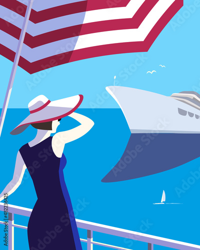 Women enjoy blue ocean scenic view. Cruise liner vessel in summer seaside nature landscape background. Holiday vacation season sea travel leisure illustration. Sea sailing relax tourist vector poster
