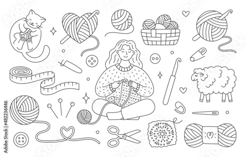 Vászonkép Crochet doodle illustration including - girl knitting clothes, cat playing with wool yarn ball, sheep, hook, skein