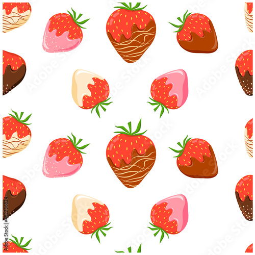 Seamless vector pattern on a transparent background consisting of assorted strawberries in chocolate. Design elements in flat style.